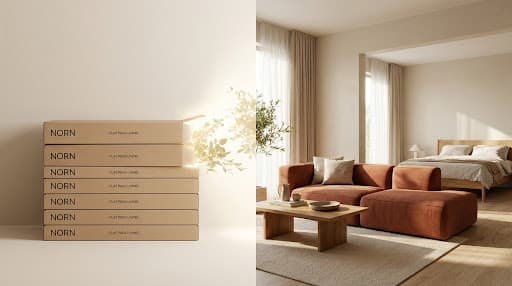 Six flat-pack The Flat Set boxes beside the same room fully furnished in warm minimalist style